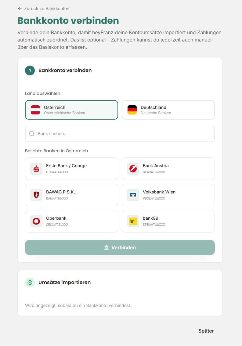Bankkonto verbinden mit Länderauswahl und Bankensuche für Österreich und Deutschland