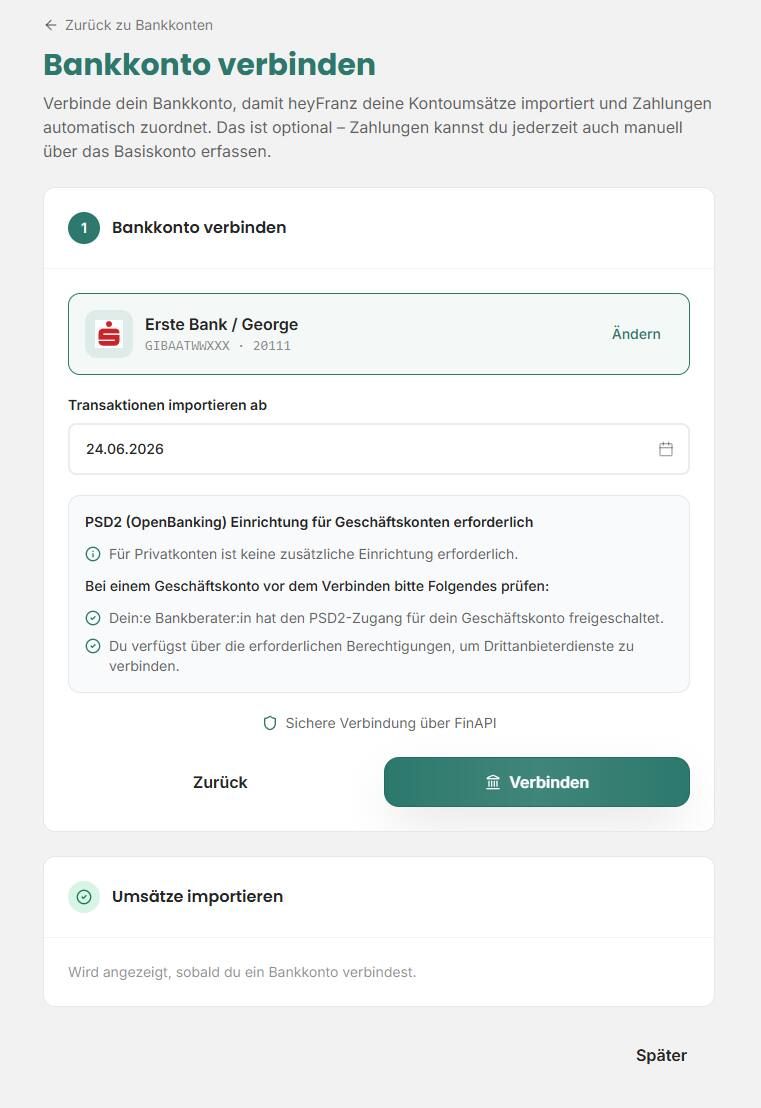 Importdatum und PSD2-Hinweise beim Verbinden eines Bankkontos