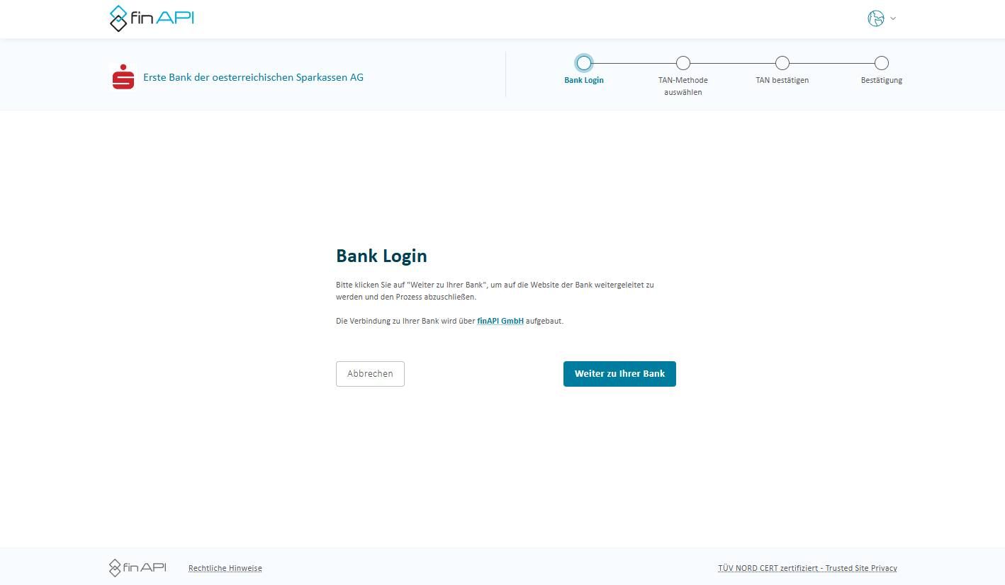 Sicherer Bank-Login über finAPI und Weiterleitung zur ausgewählten Bank