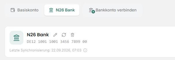 Verbundenes Bankkonto mit Funktionen zum Umbenennen, Synchronisieren und Löschen