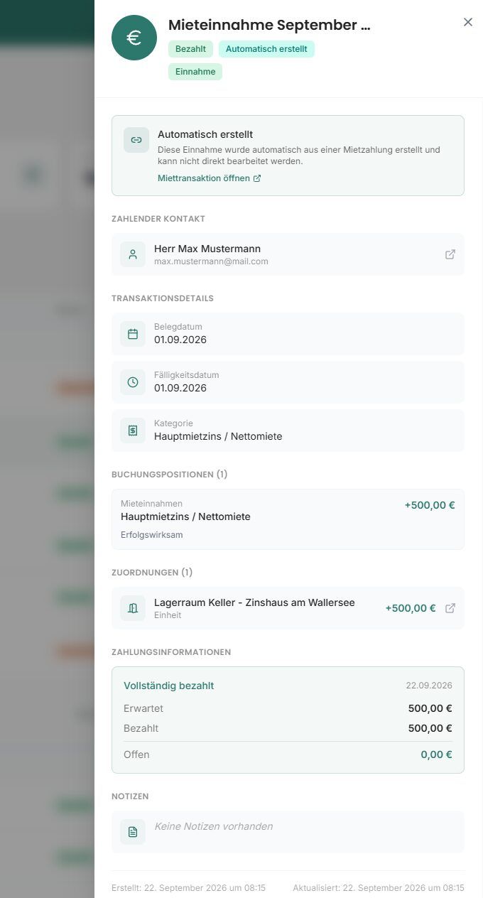 Automatisch aus einer Mietzahlung erstellte Transaktion im Side-Panel