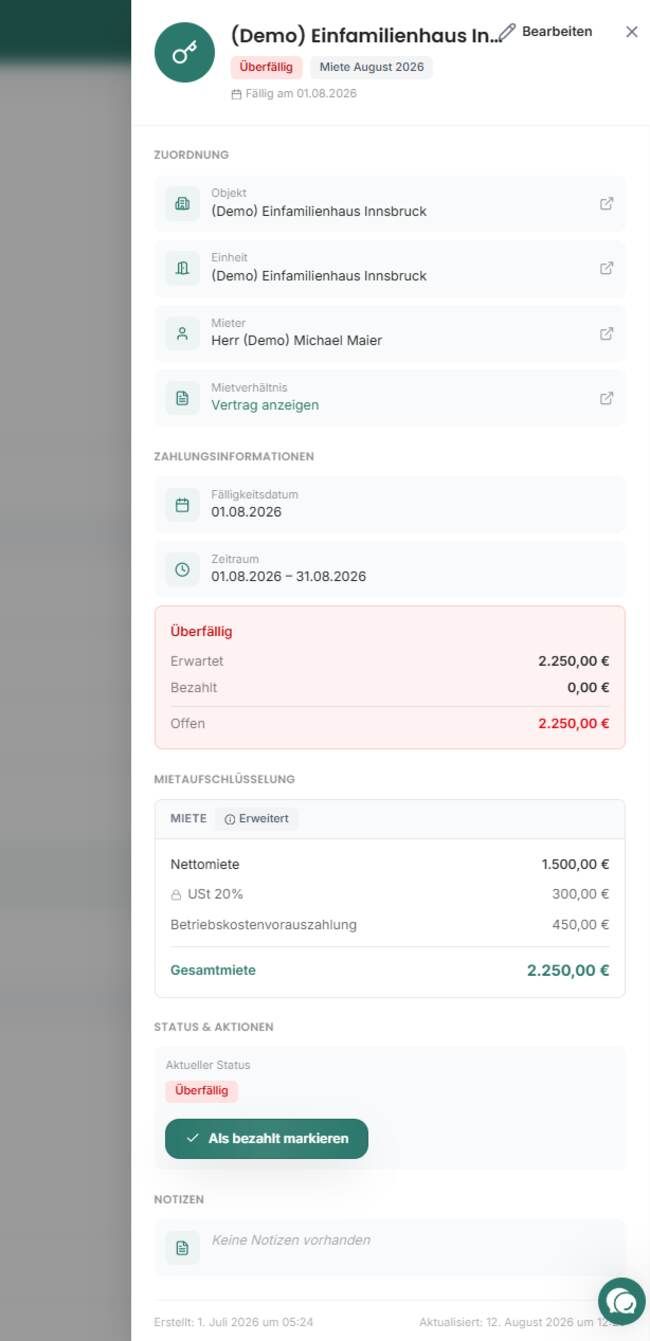 Detailansicht einer überfälligen Miete in heyFranz