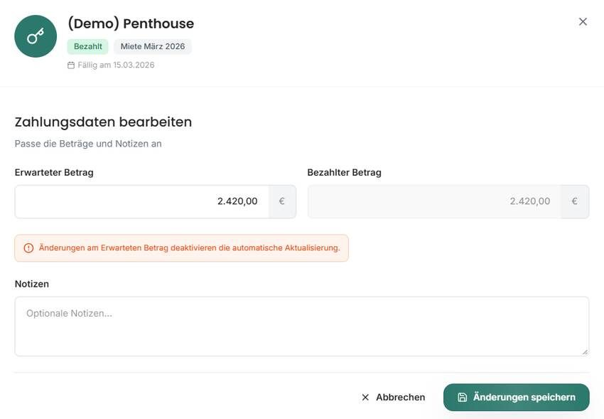 Erwarteten Betrag einer einzelnen Mieteinnahme bearbeiten