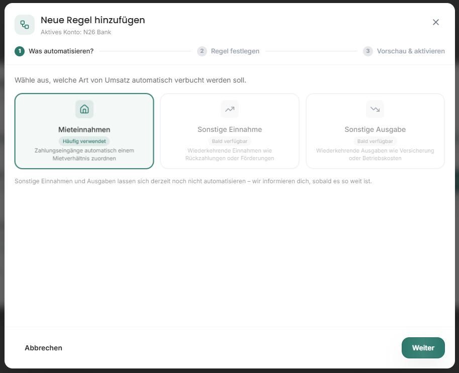 Schritt Was automatisieren mit verfügbarer Option Mieteinnahmen und noch nicht verfügbaren Optionen für sonstige Einnahmen und Ausgaben