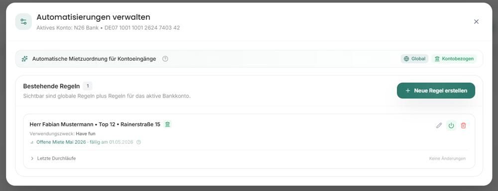 Dialog Automatisierungen verwalten mit einer bestehenden Regel und dem Button Neue Regel erstellen