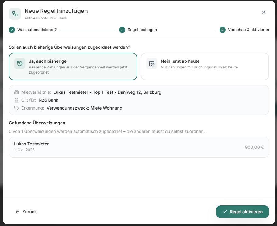 Schritt Vorschau und aktivieren mit Auswahl für bisherige Überweisungen, Regelzusammenfassung und gefundenen Überweisungen