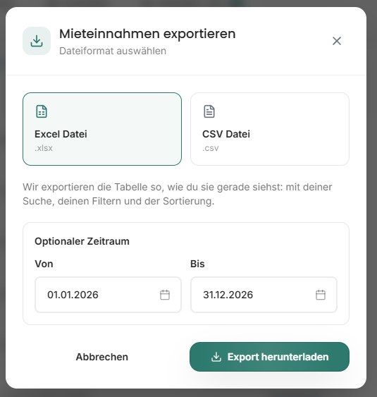 Exportdialog für Mieteinnahmen mit Excel, CSV und optionalem Zeitraum