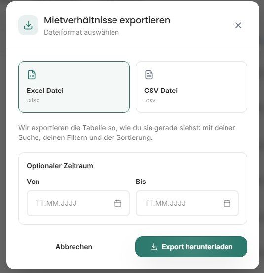 Exportdialog für Mietverhältnisse mit optionalem Zeitraum