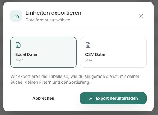 Exportdialog für Einheiten mit Excel und CSV