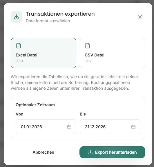 Exportdialog für Transaktionen mit Hinweis auf Buchungspositionen