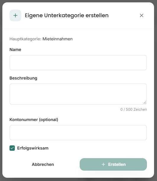 Dialog zum Erstellen einer eigenen Unterkategorie mit Name, Beschreibung, Kontonummer und Erfolgswirksamkeit