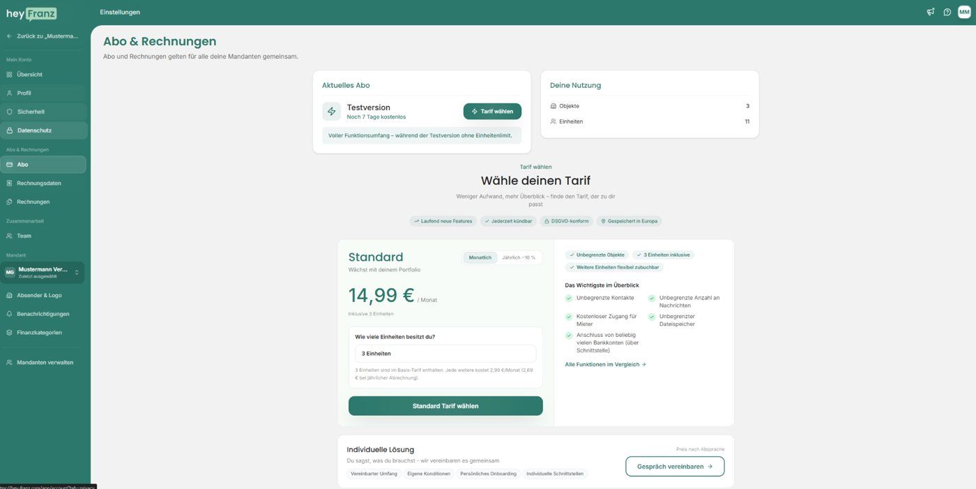 Aboübersicht mit Testversion, Nutzung und Tarifauswahl