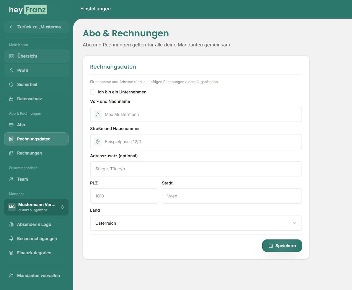Rechnungsdaten mit Unternehmensauswahl, Rechnungsadresse und Speichern