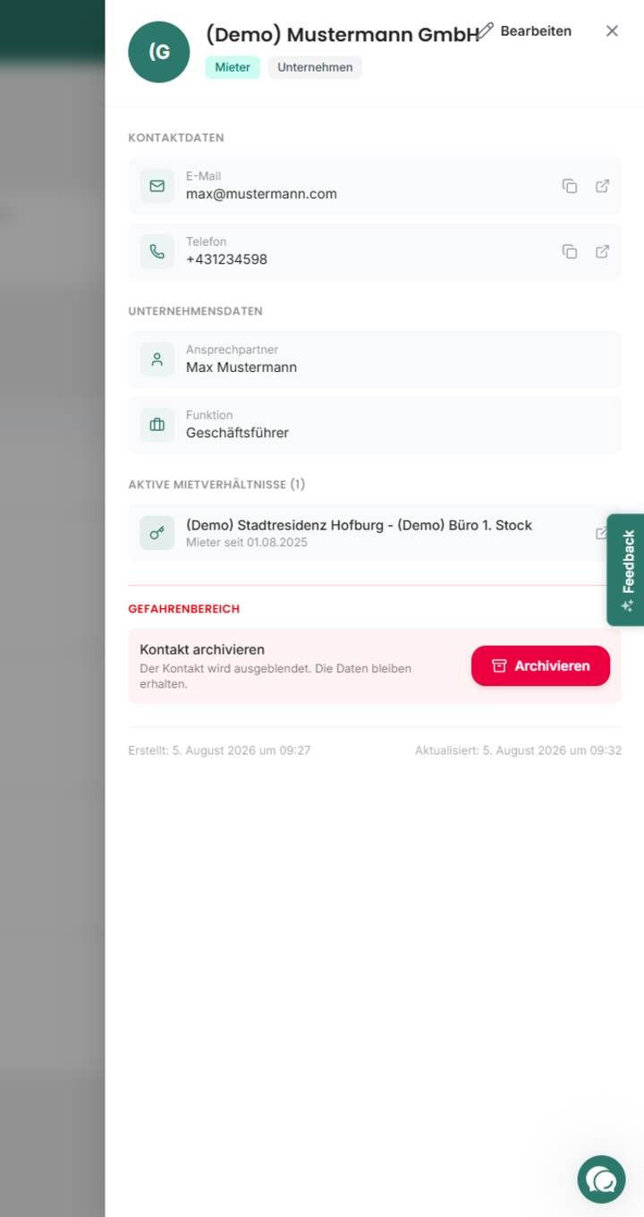 Seitliche Detailansicht eines Unternehmenskontakts in heyFranz