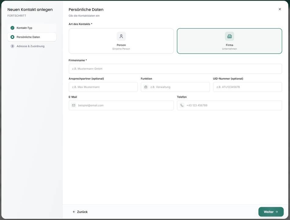 Formular zum Anlegen einer Firma als Kontakt in heyFranz