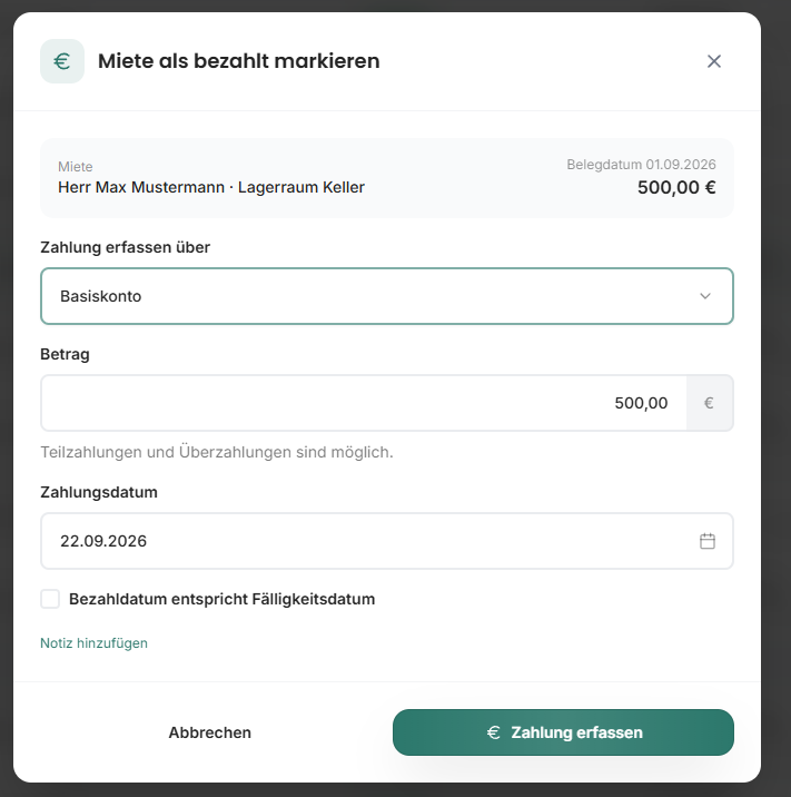 Mietzahlung über das Basiskonto mit Betrag und Zahlungsdatum erfassen