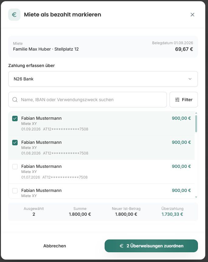 Mehrere Banktransaktionen auswählen und einer Miete zuordnen