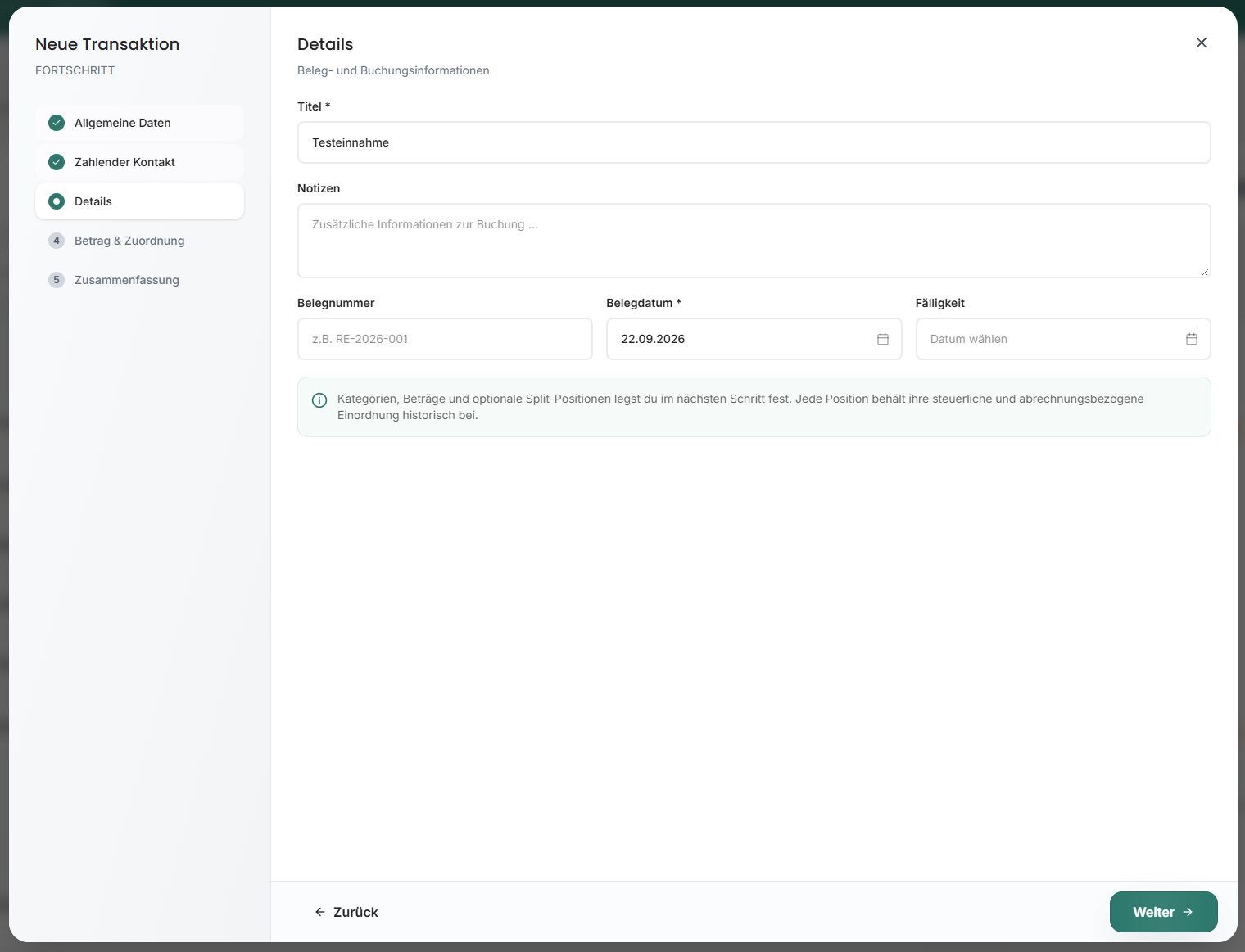 Details einer Transaktion mit Titel, Notizen, Belegnummer, Belegdatum und Fälligkeit