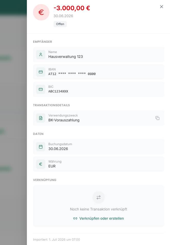Detailansicht eines noch nicht verknüpften ausgehenden Bankumsatzes