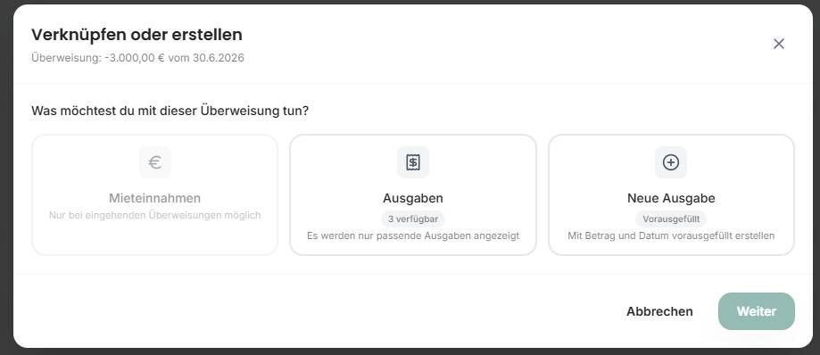 Ausgehenden Bankumsatz mit einer bestehenden Ausgabe verknüpfen oder neue Ausgabe erstellen