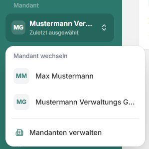 Mandanten-Switcher in den Einstellungen mit dem Eintrag Mandanten verwalten