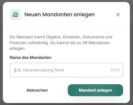 Dialog zum Anlegen eines neuen Mandanten mit Namensfeld
