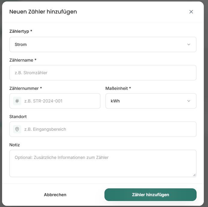 Neuen Zähler mit Typ, Name, Nummer, Maßeinheit, Standort und Notiz anlegen