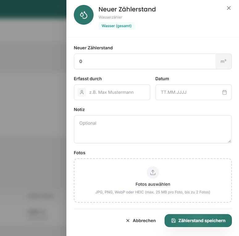 Neuen Zählerstand mit Erfasst durch, Datum, Notiz und Fotos dokumentieren