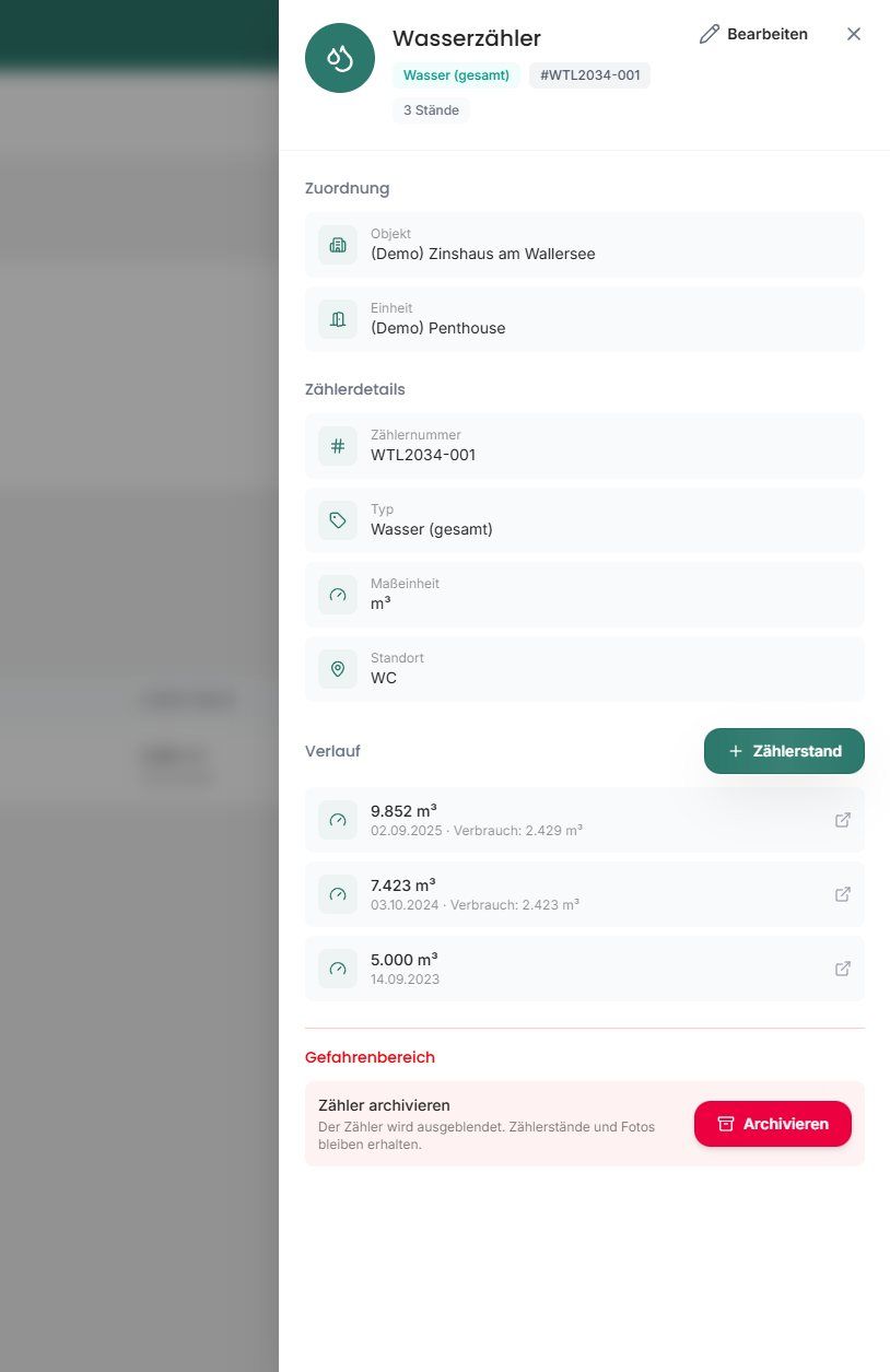 Zählerdetails mit Zuordnung, Verlauf und Archivieren