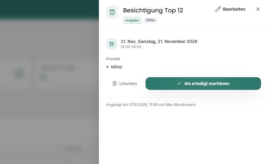 Aktivitätsdetails mit Bearbeiten, Löschen und Als erledigt markieren