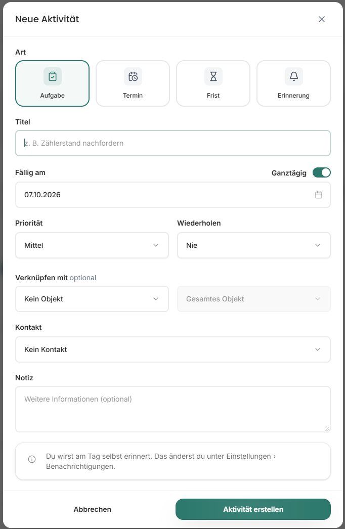 Dialog Neue Aktivität mit Art, Titel, Datum, Priorität, Wiederholung und optionalen Verknüpfungen